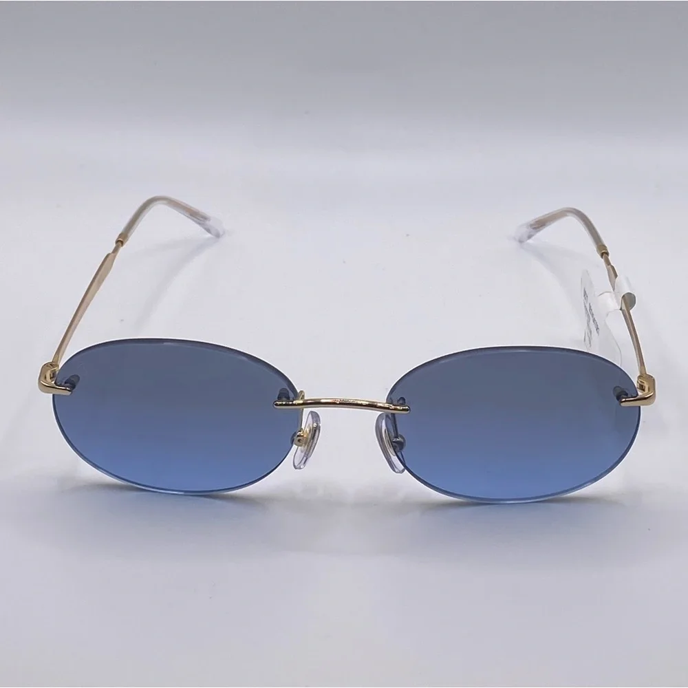 Ray-Ban Rimless Oval Sunglasses with Blue Lenses and Gold Temples